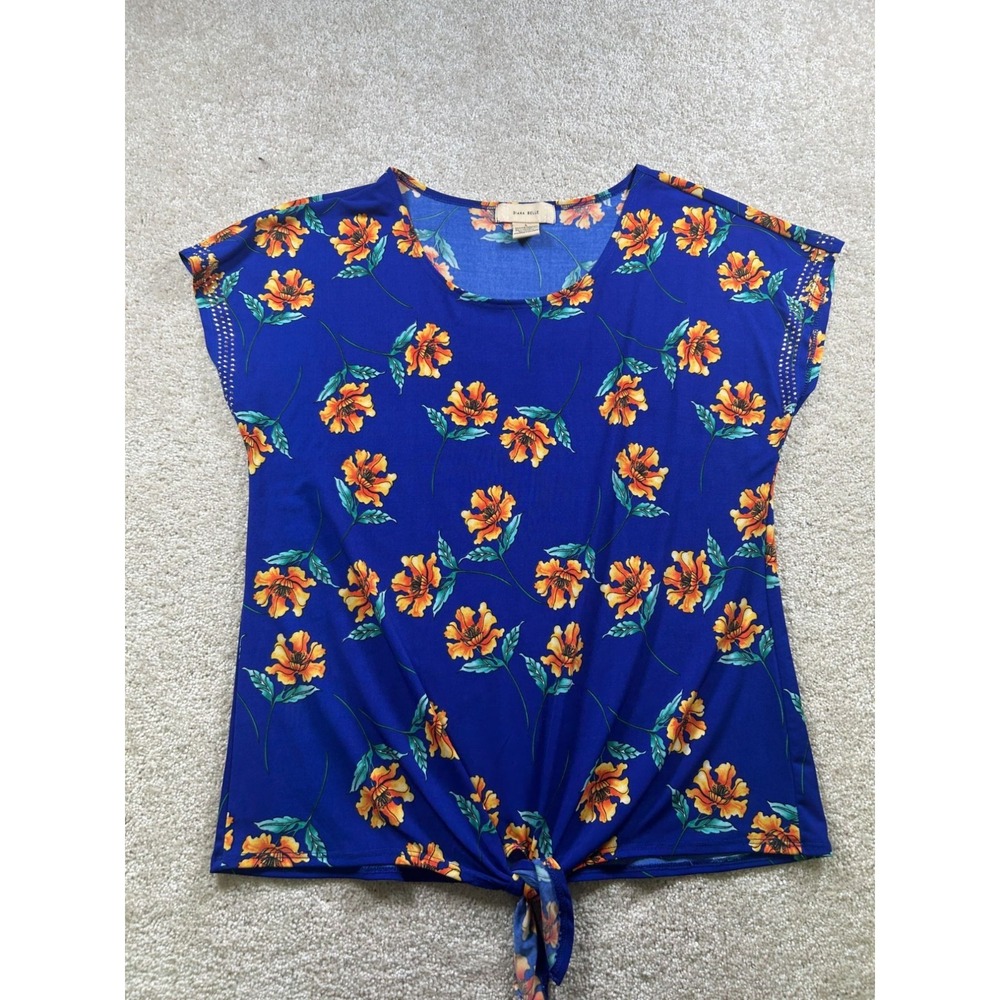 Diana Belle Womens Size L Blue Floral Top Tie Knot Detail Stud Accents BloomCore